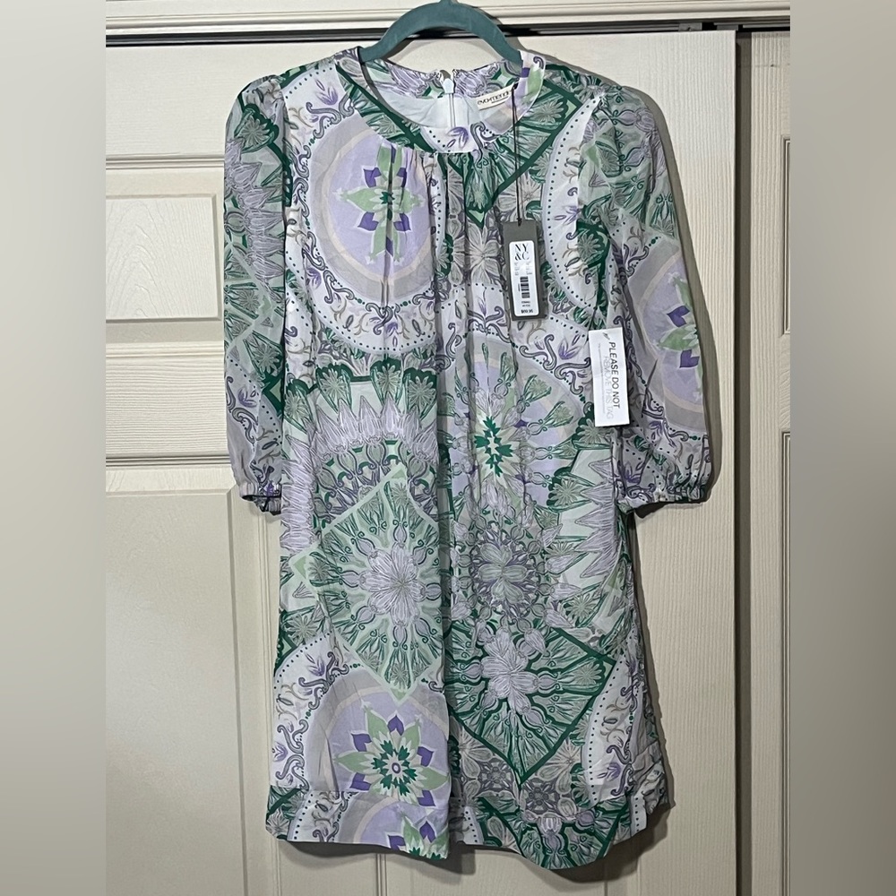 New York & Company Long-Sleeve Green & Purple Print Mini Dress.  Size-XSP. NWT.
